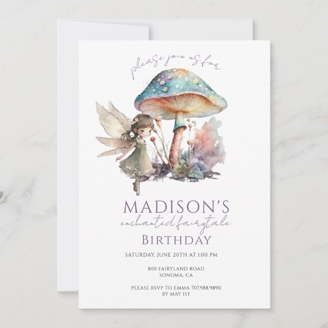 Invitation Fée aquarelle Pixie fête d'anniversaire (Devant)