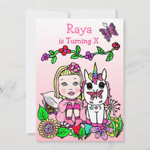 Invitation Fée aux Cheveux Blonds et Licorne Rose Anniversair