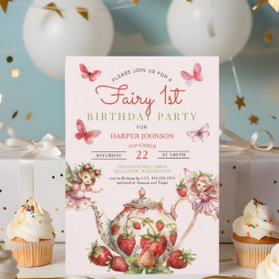 Invitation Fée aux fraises 1er Théière 1er Anniversaire