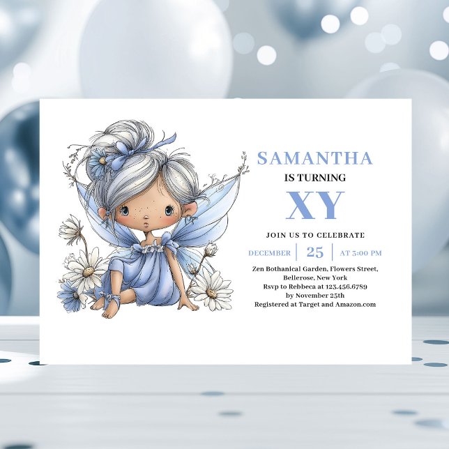 Invitation Fée Bleue Adorable Fille 1er Anniversaire Pastel (Adorable Blue Fairy Girl 1st Birthday Pastel invitation)