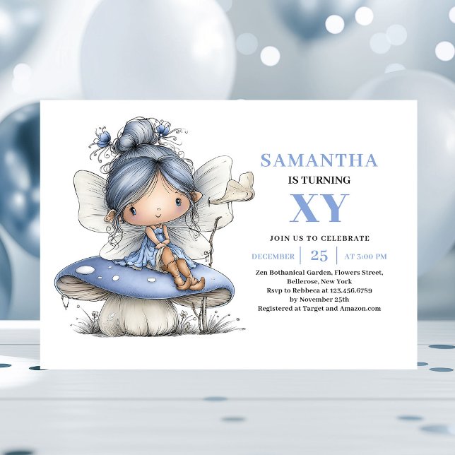 Invitation Fée Bleue Capricieuse 5ème Anniversaire Magique (Whimsical Blue Fairy Girl 5th Birthday Magic invitation)