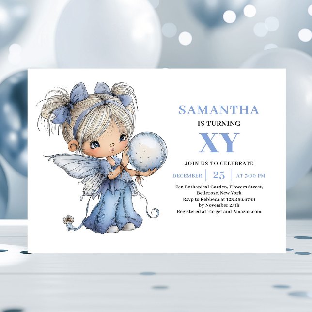 Invitation Fée Bleue de Rêve Fille 1er Anniversaire Invitatio (Dreamy Blue Fairy Girl 1st Birthday Pastel invitation)