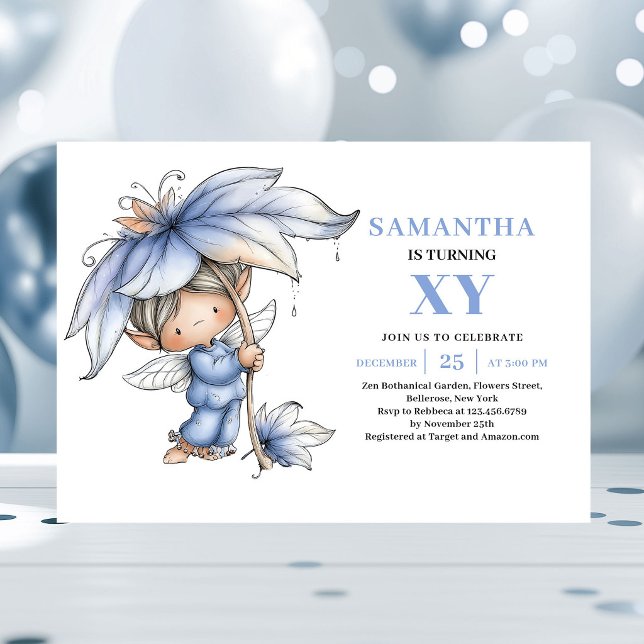 Invitation Fée Bleue Gracieuse Fille 3ème Anniversaire Pastel (Graceful Blue Fairy Girl 3rd Birthday Pastel invitation)