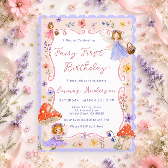 Invitation Fée Capricieuse 1er Anniversaire Filles Florales (Créateur téléchargé)