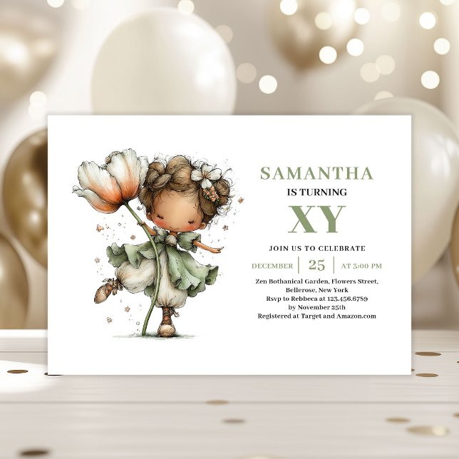 Invitation Fée Capricieuse 1er Anniversaire Fleur de Sauge (Celebrate a magical birthday with this whimsical fairy girl invitation, designed in soft sage and pa)