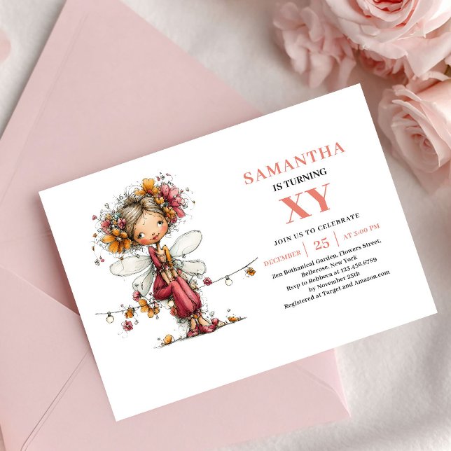 Invitation Fée Capricieuse 5ème Anniversaire Floral Rose (Whimsical Fairy Girl 5th Birthday Floral Pink invitation)