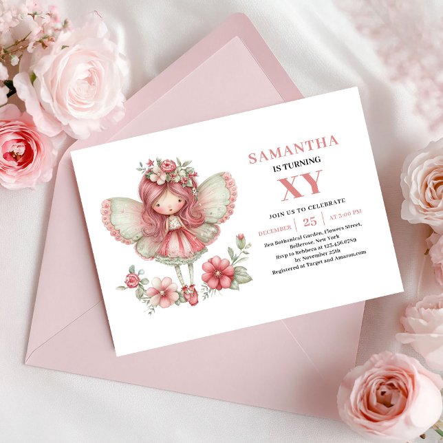 Invitation Fée Capricieuse 6ème Anniversaire Fleurs Roses (Whimsical Fairy Girl 6th Birthday Pink Flowers Invitation)