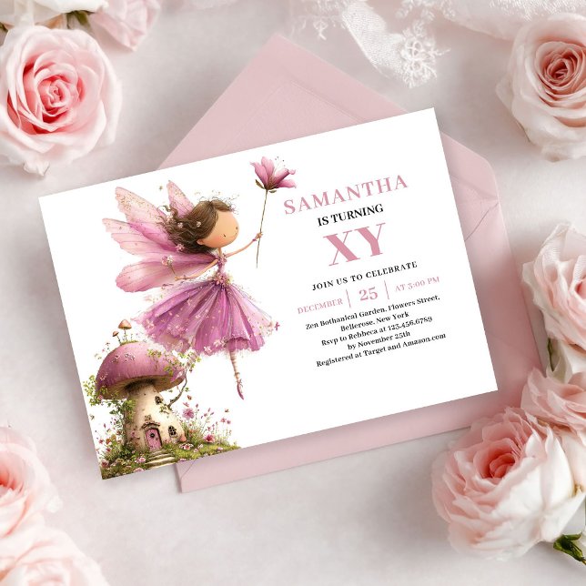 Invitation Fée Capricieuse 6ème Anniversaire Rose Poussiéreux (Whimsical Fairy Girl 6th Birthday Dusty Pink invitation)