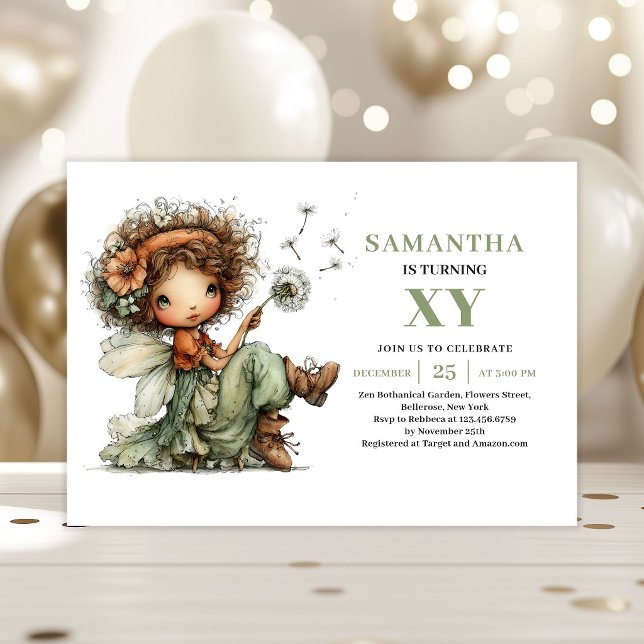 Invitation Fée Capricieuse 6ème Anniversaire Vert Poussiéreux (Whimsical Fairy Girl 6th Birthday Dusty Green Invitation)
