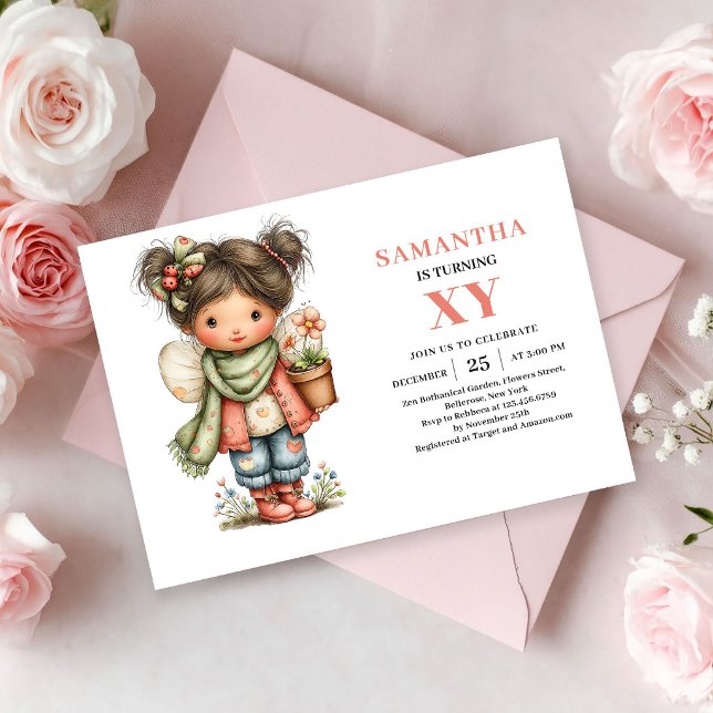 Invitation Fée Capricieuse Fille Anniversaire Floral Rose Blu (Whimsy Fairy Girl Birthday Blush Floral Pink invitation)