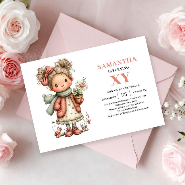 Invitation Fée Capricieuse Fille Anniversaire Floral Rose Pas (Whimsy Fairy Girl Birthday Pastel Pink Floral invitation)