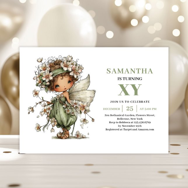 Invitation Fée Capricieuse Fille Anniversaire Vert Poussiéreu (Whimsy Fairy Girl Birthday Dusty Green Invitation)
