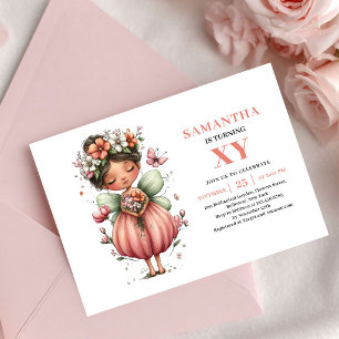 Invitation Fée charmante fille d'anniversaire fleurs roses ma