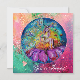 Invitation FÉE DANS LA NUIT rose vert bleu jaune scintille