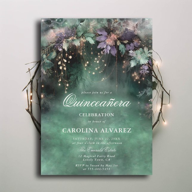 Invitation Fée de forêt enchantée Lavande magique Qinceanera (enchanted forest theme quinceanera gold vines lavender pink emerald green elegant classy)