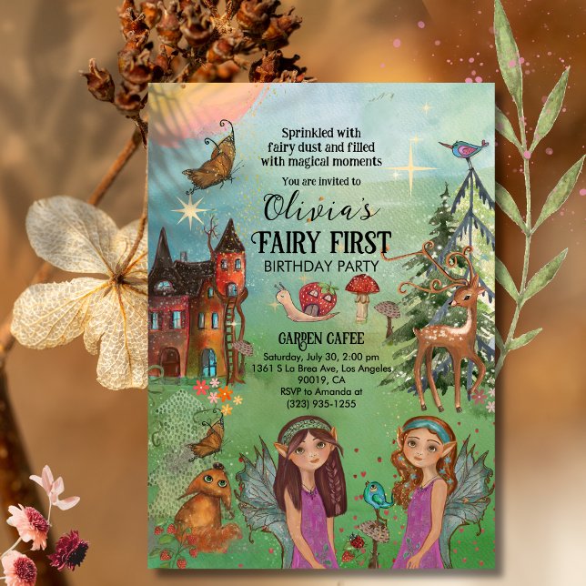 Invitation Fée de forêt enchantée Premier anniversaire Magiqu (Enchanted Forest Fairy First Birthday Magical Invitation)
