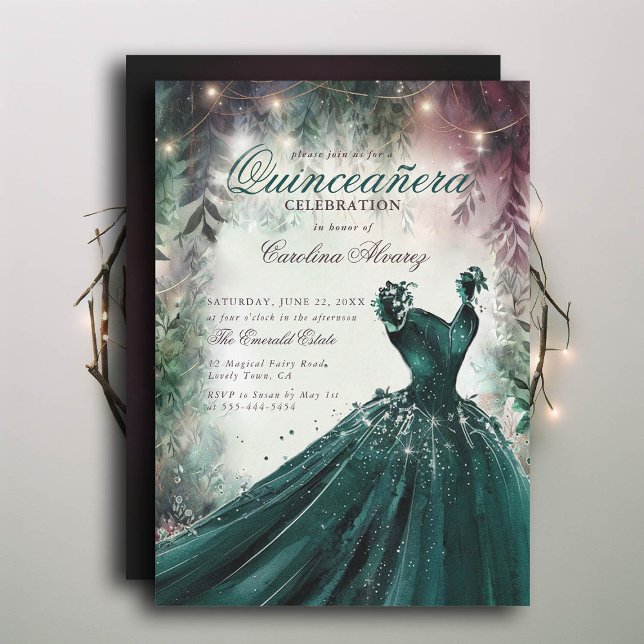 Invitation Fée de forêt enchantée Princesse Mauve Quinceanera (enchanted forest quinceanera princess dress invitation emerald green mauve calligraphy)