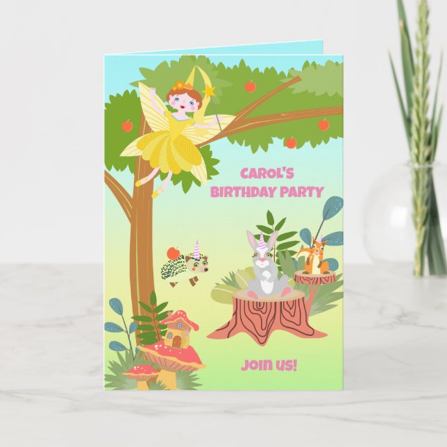 Invitation Fée de jardin avec amis de compagnie Fête d'annive (Devant)