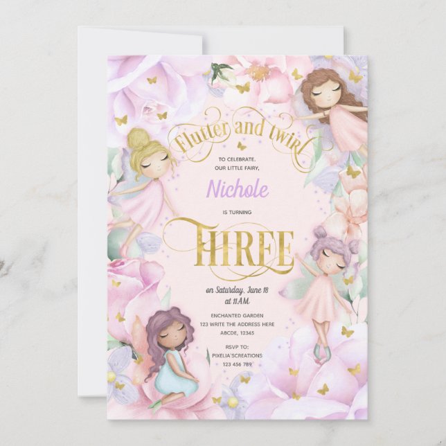 Invitation Fée de jardin avec fleur violet rose, 3e anniversa (Devant)
