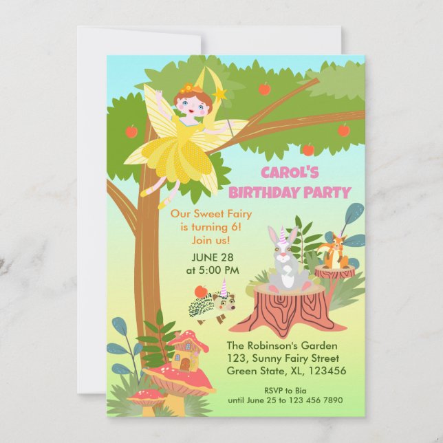 Invitation Fée de jardin avec ses amis animaux fête d'anniver (Devant)