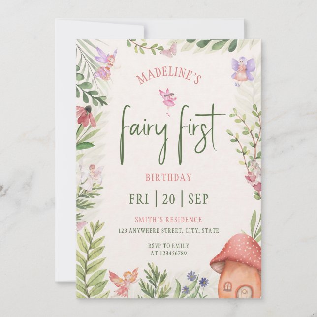 Invitation Fée de la forêt aquarelle 1er anniversaire fille (Devant)