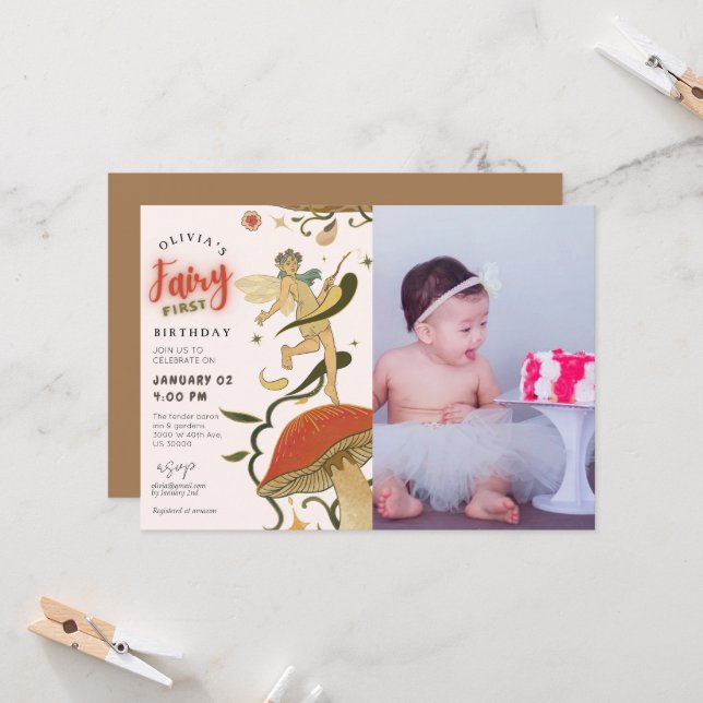 Invitation Fée de la forêt de champignons photo 1er anniversa (Devant/Arrière en situation)