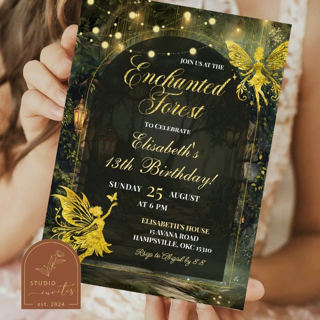 Invitation Fée de la forêt enchantée d'or pour fille d'annive (Créateur téléchargé)