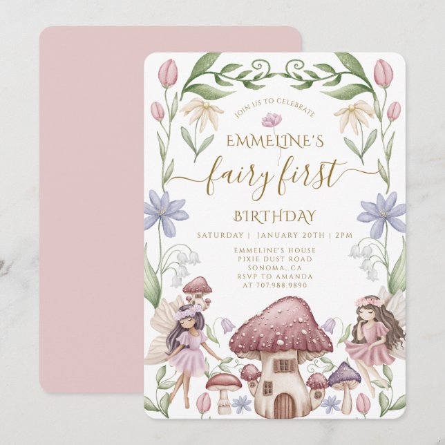 Invitation Fée de la forêt enchantée pour la première fête d' (Devant / Derrière)