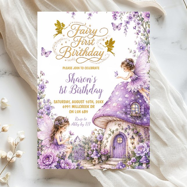 Invitation Fée de la Forêt Enchantée Violette Premier Anniver (Créateur téléchargé)