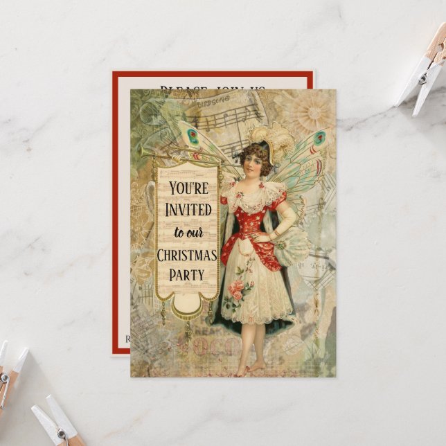 Invitation Fée de Noël victorienne annonçant de la musique (Devant/Arrière en situation)