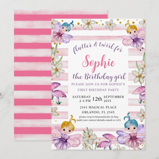 Invitation Fée de premier anniversaire princesse rose et or  (Devant / Derrière)
