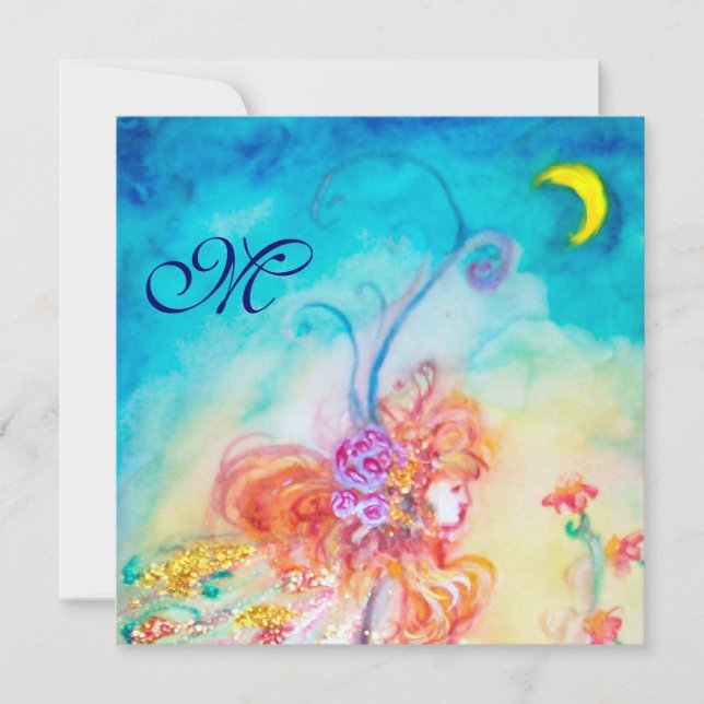 Invitation FÉE DES FLEURS ALTHÉA Monogramme Rose Bleu Paillet (Devant)