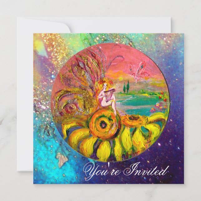 Invitation FÉE DES TOURNESOLS jaune bleu rose scintillement (Devant)