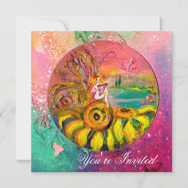 Invitation FÉE DES TOURNESOLS jaune vert rose scintille (Devant)