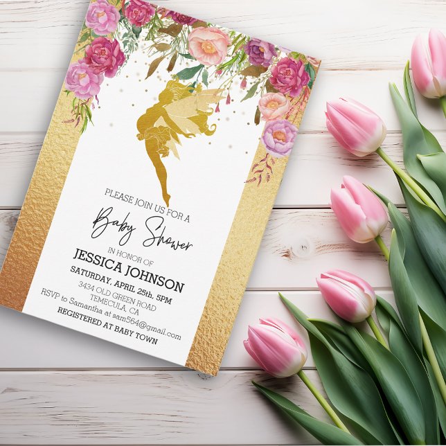 Invitation Fée d'or Baby Shower Floral Rose (Créateur téléchargé)