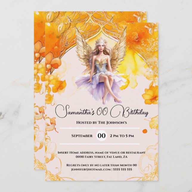 Invitation Fée élégante filles orange fête d'anniversaire (Devant / Derrière)
