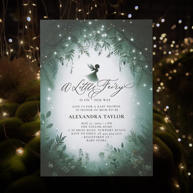 Invitation Fée Enchantée Forêt Émeraude Baby Girl Douche (little fairy baby shower invitation enchanted forest magical faerie elegant modern emerald frame)