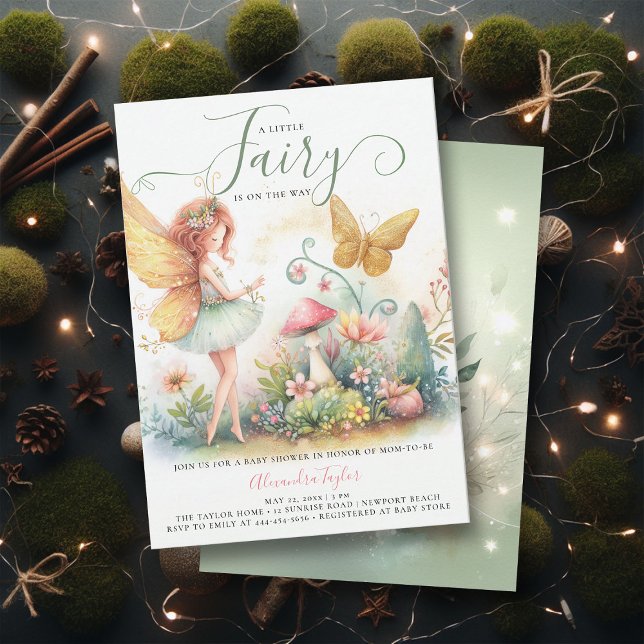 Invitation Fée Enchantée Jardin Champignons Baby Girl Douche (a little fairy girl baby shower invitation enchanted forest garden butterfly mushroom emerald gold)