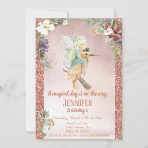 Invitation Fée Enchantée sur Oiseau Rose Doré Magnifique