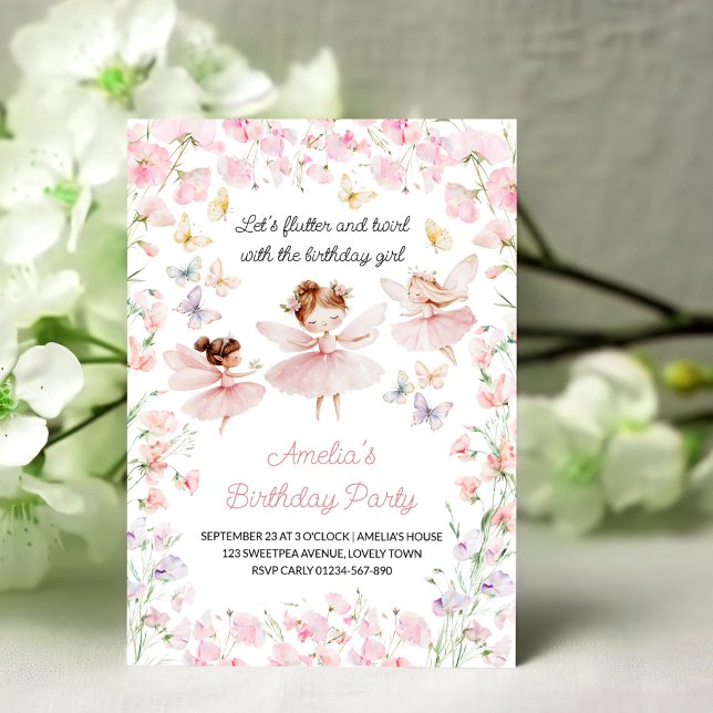 Invitation Fée et Fleurs Anniversaire Filles Tout Âge (Flutter & Twirl with the Birthday Girl. Editable party invitation for any age.)