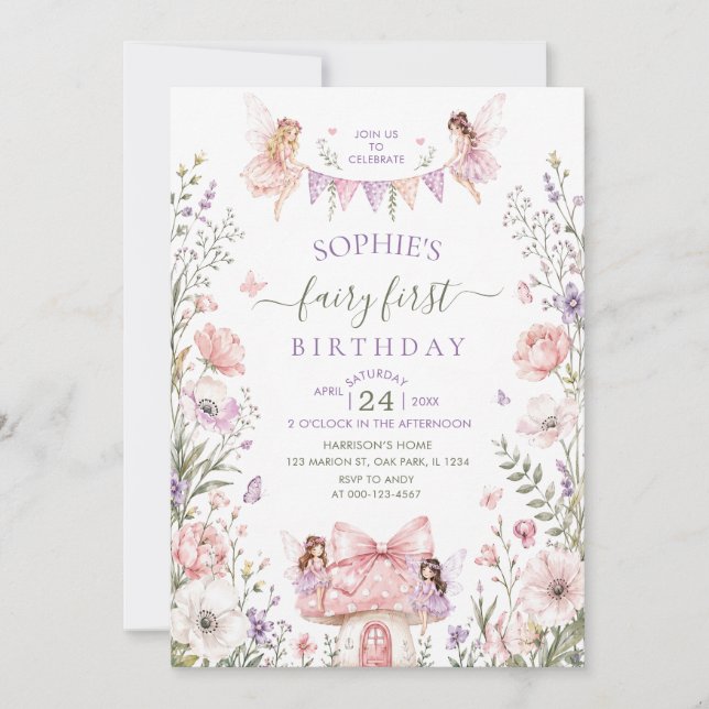 Invitation Fée fantaisiste Premier anniversaire Forêt enchant (Devant)