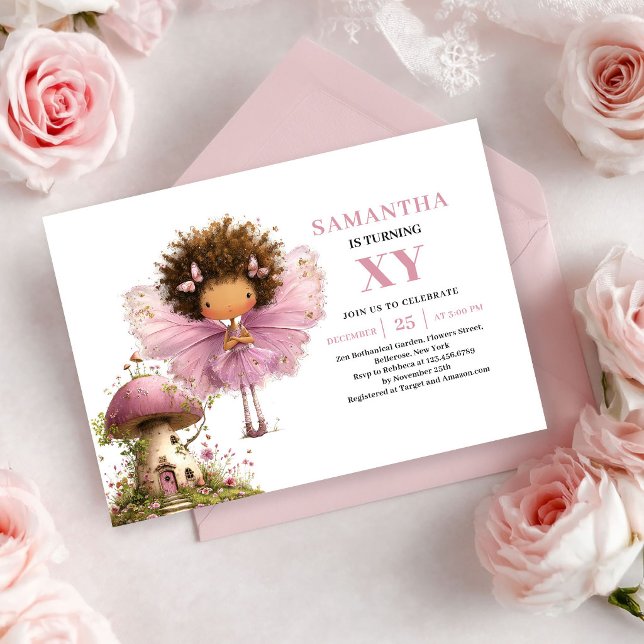 Invitation Fée Fille 1er Anniversaire Rose Floral Blush (Fairy Girl 1st Birthday Blush Pink Floral invitation)