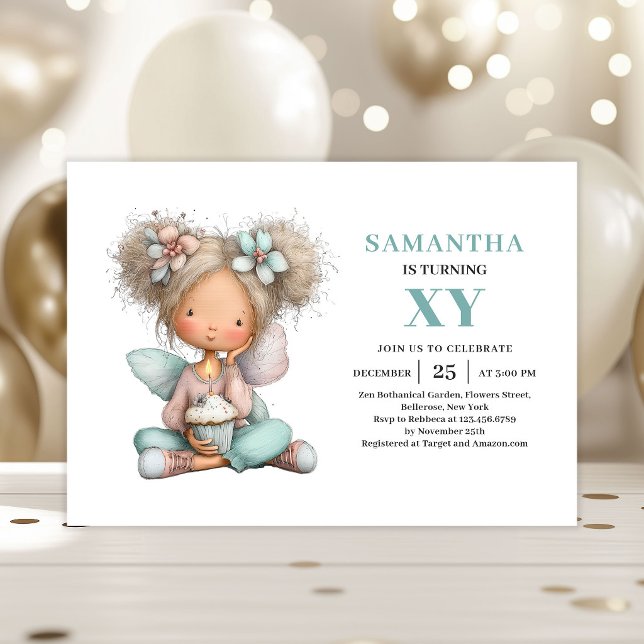 Invitation Fée Fille 7ème Anniversaire Fantaisiste Mignon Pas (Fairy Girl 7th Birthday Whimsical Cute Pastel invitation)