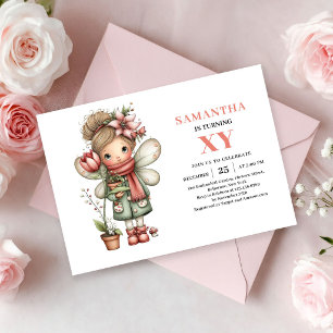 Invitation Fée Fille Anniversaire Fantaisiste Floral Rose inv