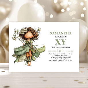 Invitation Fée Fille Anniversaire Poussiéreux Vert Floral Inv