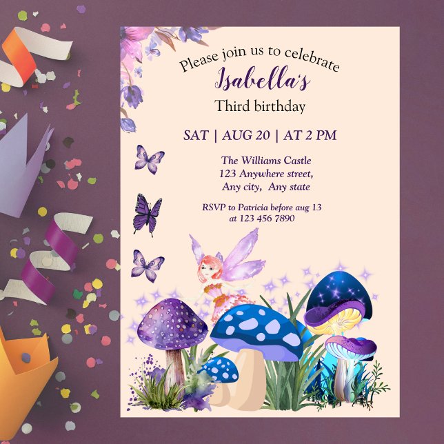Invitation Fée Fille Champignon Violet Papillon Anniversaire (Créateur téléchargé)