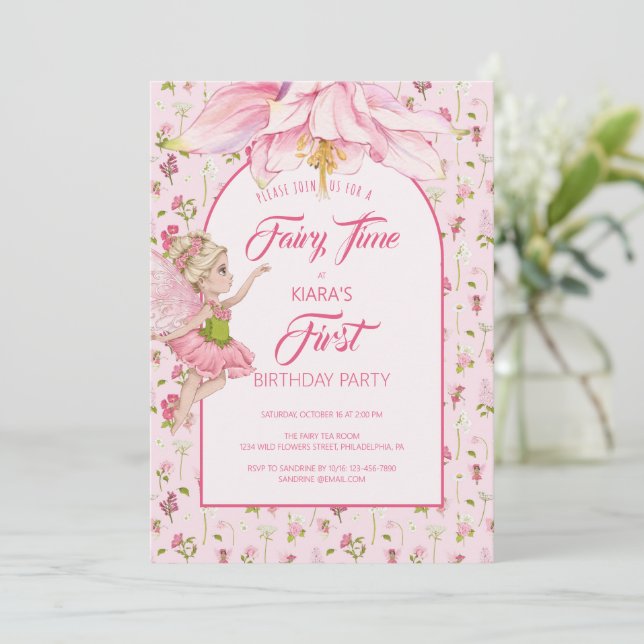 Invitation Fée Fleur Aquarelle Fille Anniversaire (Debout devant)