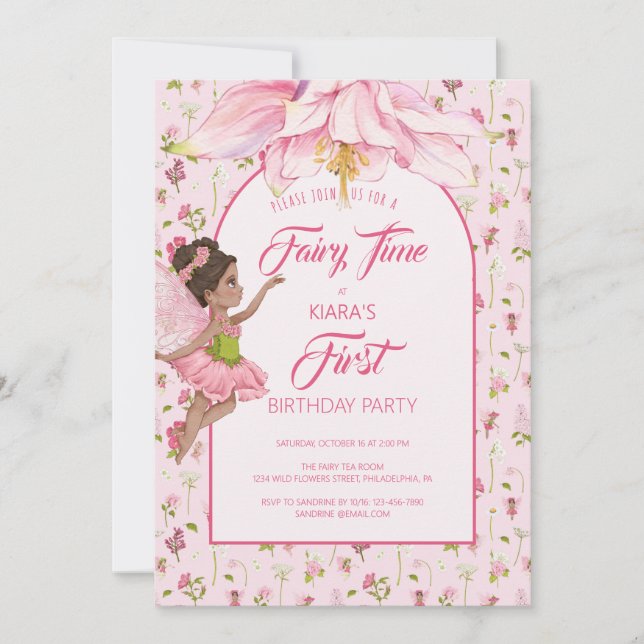 Invitation Fée Fleur Aquarelle Fille Anniversaire (Devant)