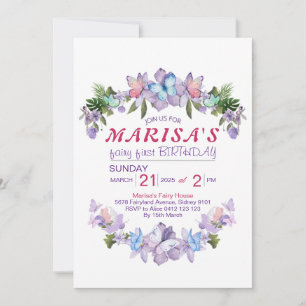 Invitation Fée Fleur Sauvage Pastel Première Fête d'anniversa