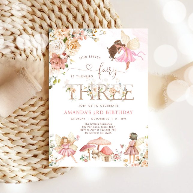 Invitation Fée Fleur Sauvage Trois Fille 3ème Anniversaire  (Créateur téléchargé)